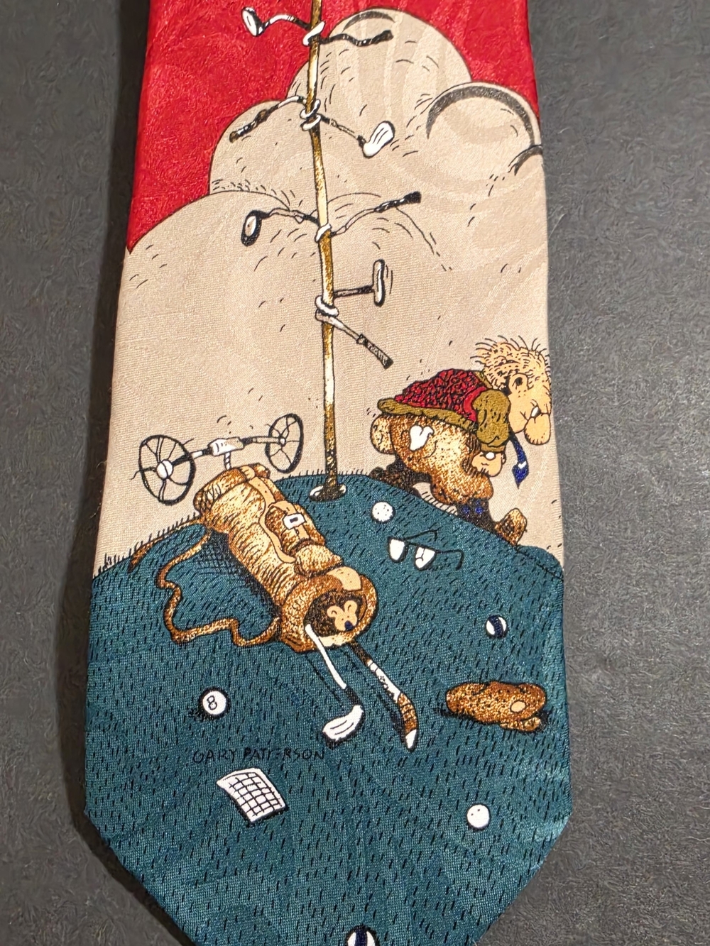 Hot Cakes Novelty Golf Cartoon Tie in Red, Teal, Beige